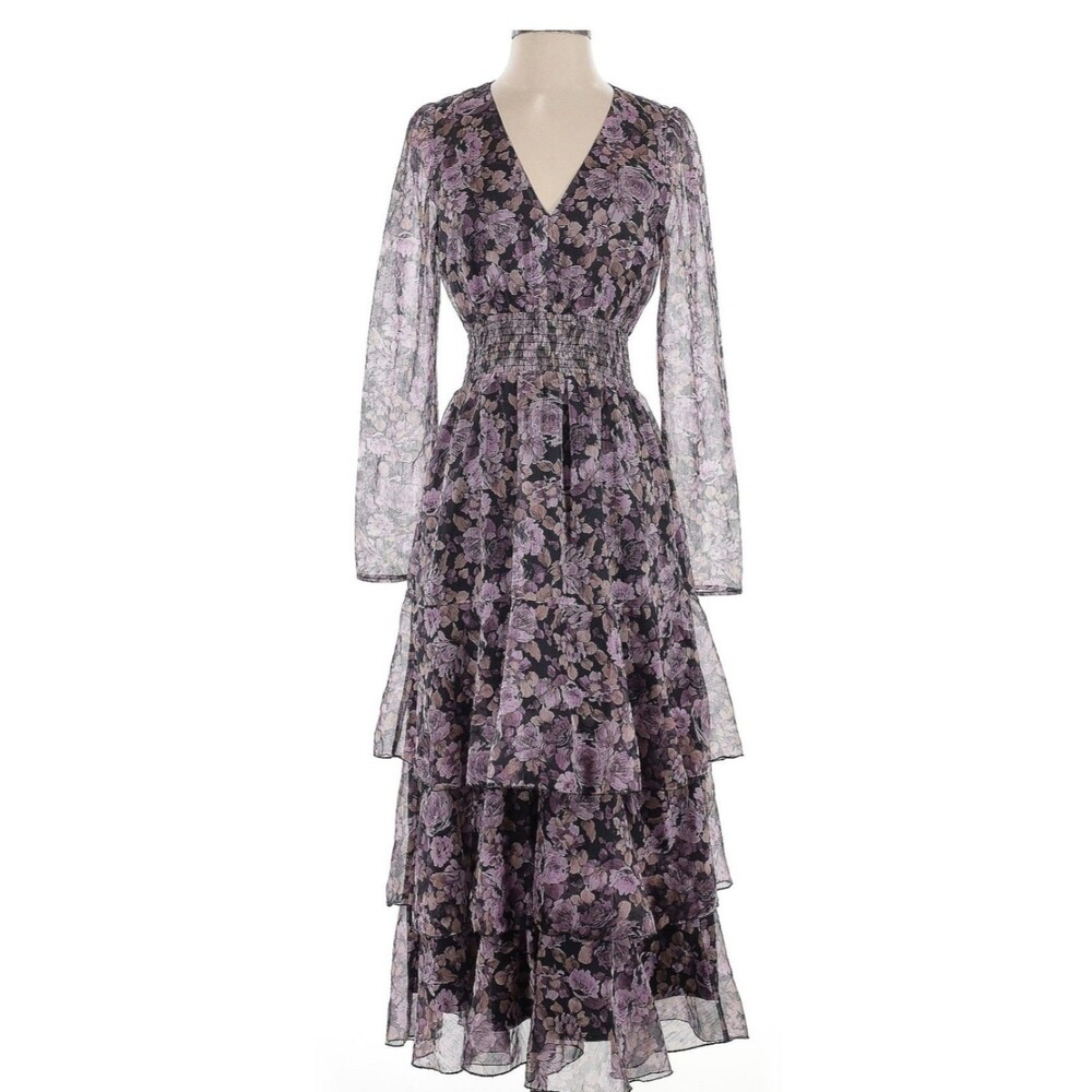 Lucy Paris Purple Floral Tiered Ruffle Midi Dress Long Sleeve Smocked Waist XS